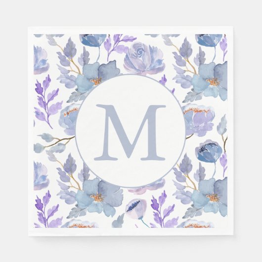  Dusty Blue Lila Waterverf Floral Monogram Servet (Voorkant)