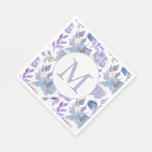 Dusty Blue Lila Waterverf Floral Monogram Servet (Hoek)