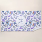  Dusty Blue Lila Waterverf Floral Monogram Strandlaken (Voorkant)