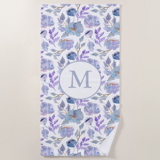  Dusty Blue Lila Waterverf Floral Monogram Strandlaken (Voorkant)