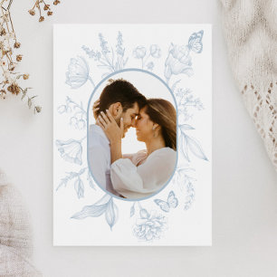 Dusty Blue Line Art Bloemenvlinder Foto Bedankkaart