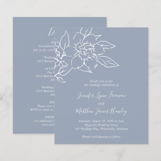 Dusty Blue Line Art Floral Budget Huwelijksuitnodi (Voorkant / Achterkant)