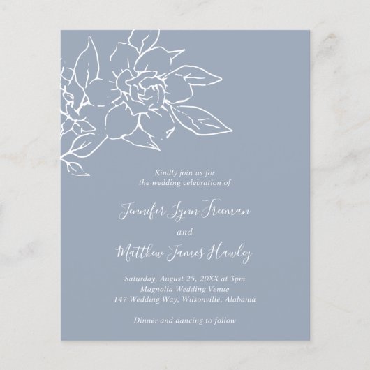 Dusty Blue Line Art Floral Budget Huwelijksuitnodi Flyer (Voorkant)