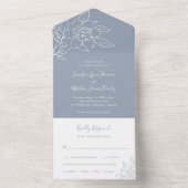 Dusty Blue Line Art Floral Elegant Huwelijk All In One Uitnodiging (Binnen)