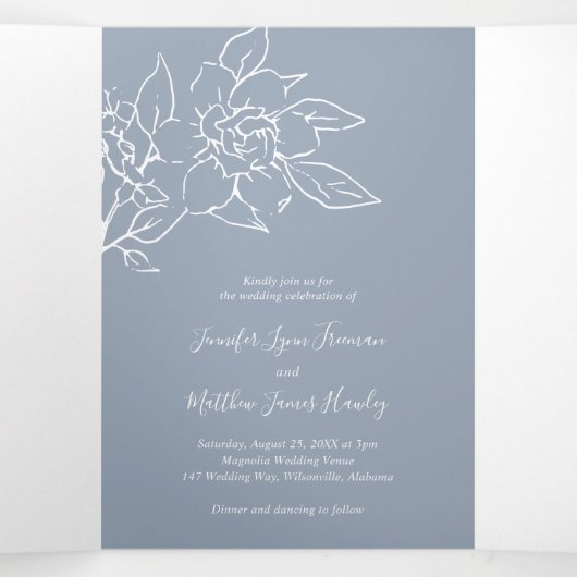 Dusty Blue Line Art Floral Elegant Huwelijk Drieluik Uitnodiging (Binnenkant midden)