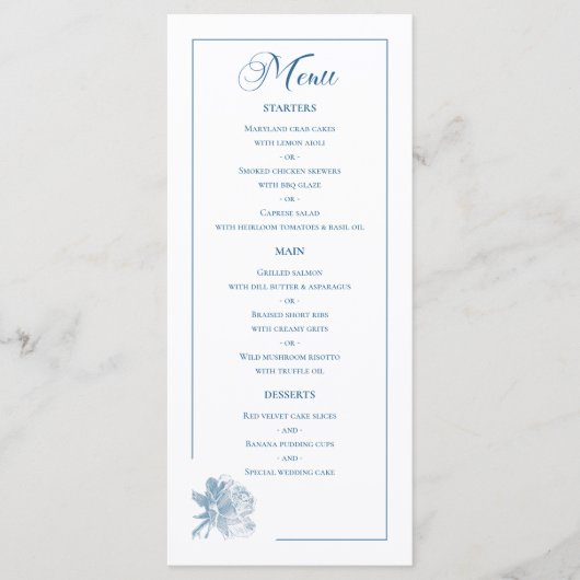Dusty Blue Line Art Rose Dinner Details Wedding Menu (Voorkant)