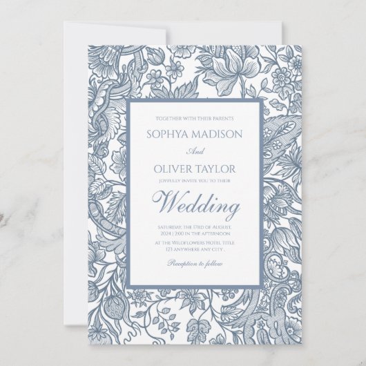 Dusty Blue Line Art Wildbloemen Floral Kaart (Voorkant)