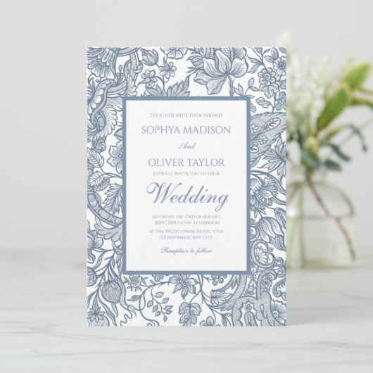 Dusty Blue Line Art Wildbloemen Floral Kaart (Staand voorkant)