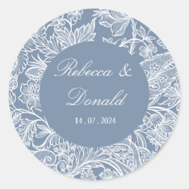 Dusty Blue Line Art Wildbloemen Floral Ronde Sticker