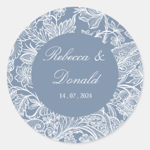 Dusty Blue Line Art Wildbloemen Floral Ronde Sticker