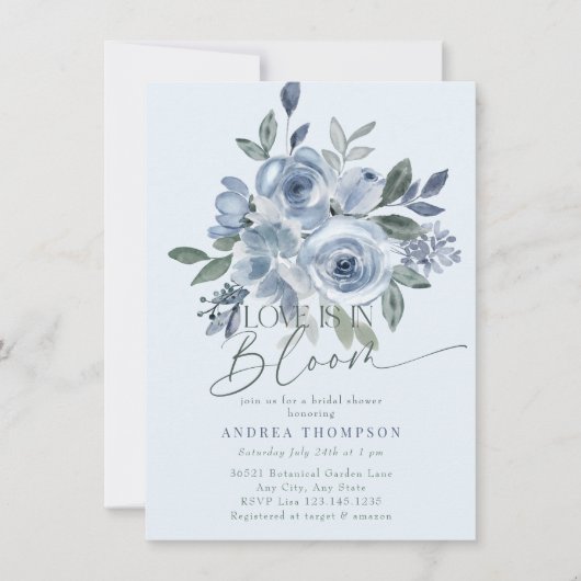 Dusty Blue Love in Bloom Bruids Douche Uitnodiging (Voorkant)