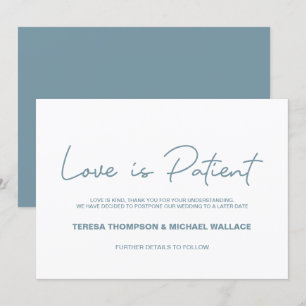 Dusty blue Love is Patiënt Wedding Postponed Kaart