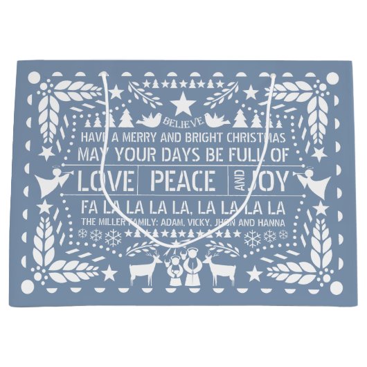 Dusty blue Love Peace Joy papel picado Kerstmis Groot Cadeauzakje (Voorkant)