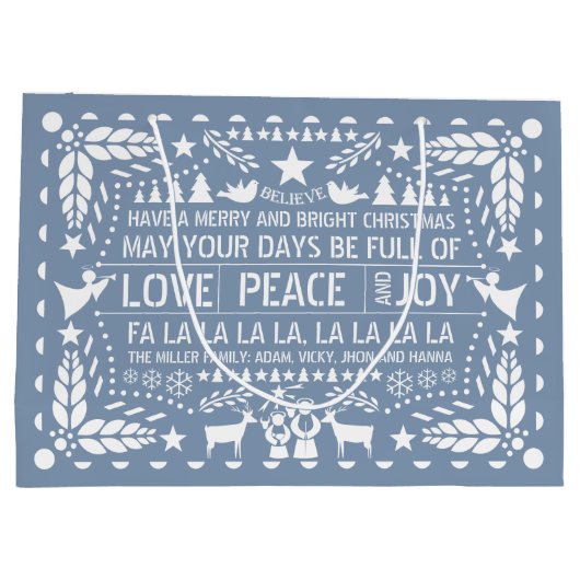 Dusty blue Love Peace Joy papel picado Kerstmis Groot Cadeauzakje (Achterkant)