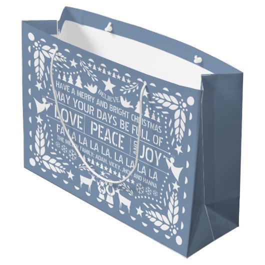 Dusty blue Love Peace Joy papel picado Kerstmis Groot Cadeauzakje (Achterkant Gekanteld)