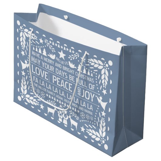 Dusty blue Love Peace Joy papel picado Kerstmis Groot Cadeauzakje (Voorkant Gekanteld)