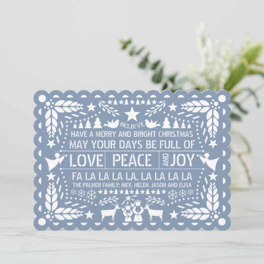 Dusty blue Love Peace Joy papel picado Kerstmis H Feestdagenkaart (Staand voorkant)