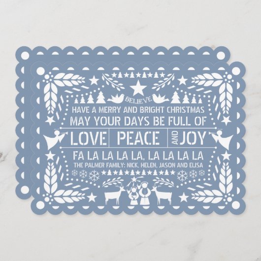 Dusty blue Love Peace Joy papel picado Kerstmis H Feestdagenkaart (Voorkant / Achterkant)