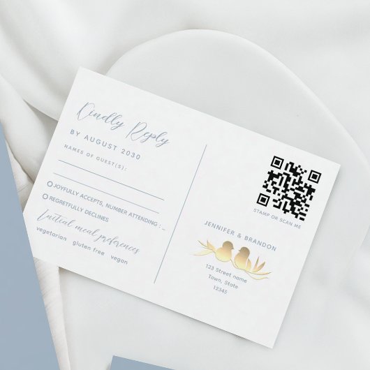 Dusty Blue Lovebirds QR RSVP Kaartje