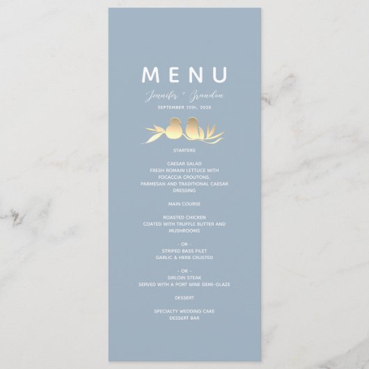 Dusty Blue Lovebirds Wedding Menu (Voorkant)
