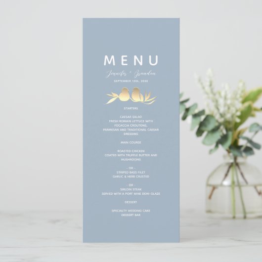 Dusty Blue Lovebirds Wedding Menu (Staand voorkant)