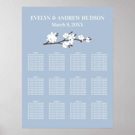 Dusty Blue Magnolia Floral Wedding Seding Chart Poster (Voorkant)