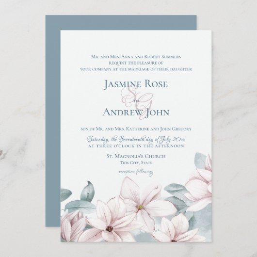 Dusty Blue Magnolias Elegant Spring Wedding Kaart (Voorkant / Achterkant)