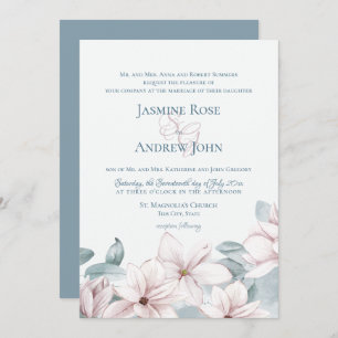 Dusty Blue Magnolias Elegant Spring Wedding Kaart