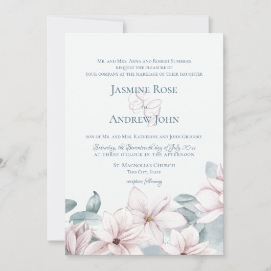 Dusty Blue Magnolias Elegant Spring Wedding Kaart (Voorkant)