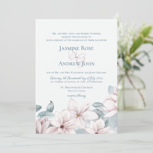 Dusty Blue Magnolias Elegant Spring Wedding Kaart (Staand voorkant)