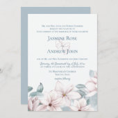Dusty Blue Magnolias Elegant Spring Wedding Kaart (Voorkant / Achterkant)