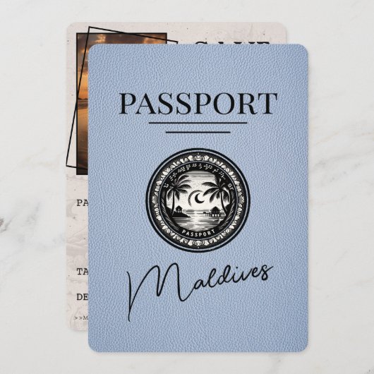 Dusty Blue Maldives Passport Bewaar de datum Save The Date (Voorkant / Achterkant)