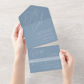 Dusty Blue | Manuscript Watermark Monogram Weddens All In One Uitnodiging (Afscheurbaar)