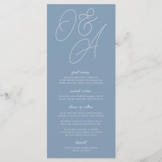 Dusty Blue | Manuscript Watermark Monogram Weddens Menu (Voorkant)