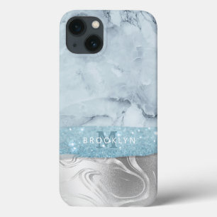 Dusty Blue Marble Glitter Silver Name Monogramed Case-Mate iPhone Case