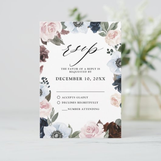Dusty blue marvy mauve and blush roze Weddenschap RSVP Kaartje (Staand voorkant)