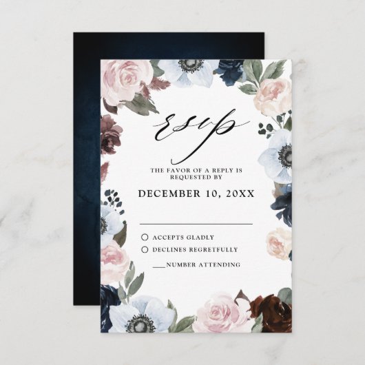 Dusty blue marvy mauve and blush roze Weddenschap RSVP Kaartje (Voorkant / Achterkant)
