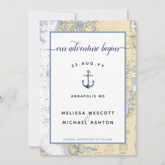Dusty Blue Maryland Nautische Grafiek Anker Weddin Save The Date (Voorkant)