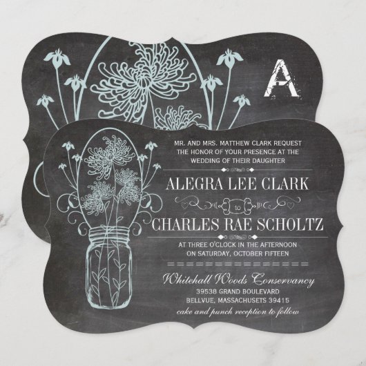 Dusty Blue Mason Jar Chalkboard Wedding Kaart (Voorkant / Achterkant)