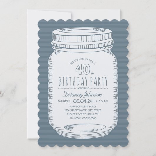 Dusty Blue Mason Jar Rustic 40th Birthday Party Kaart (Voorkant)