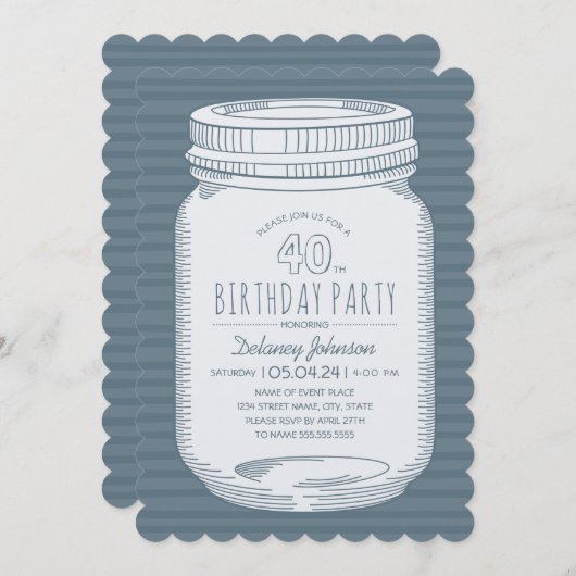 Dusty Blue Mason Jar Rustic 40th Birthday Party Kaart (Voorkant / Achterkant)