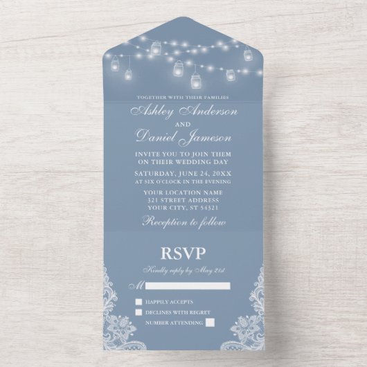 Dusty Blue Mason Jar String Lights Wedding All In One Uitnodiging (Binnen)
