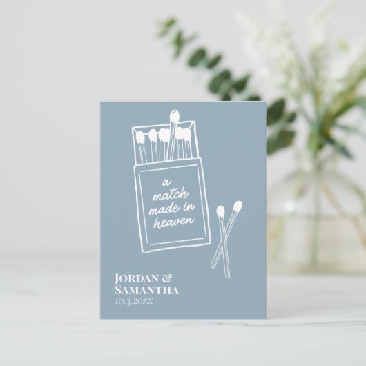 Dusty Blue Match Made in Heaven Save the Date Briefkaart (Staand voorkant)