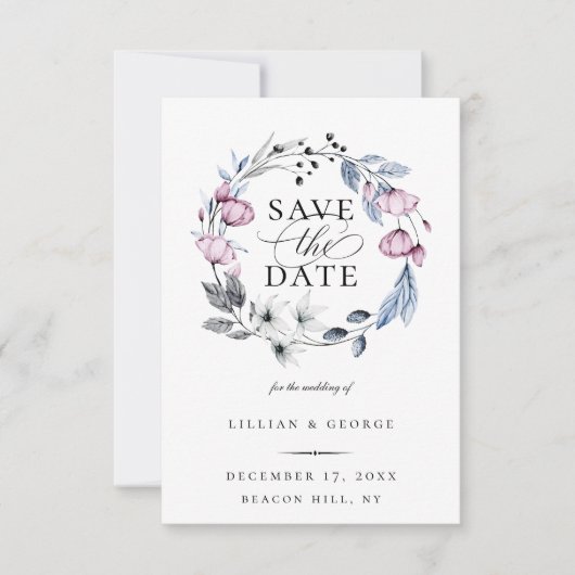 Dusty Blue Mauve Botanical Save the Date Aankondiging (Voorkant)