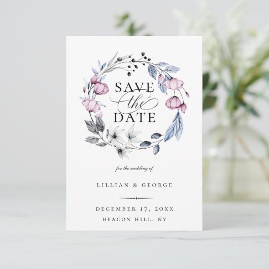 Dusty Blue Mauve Botanical Save the Date Aankondiging (Staand voorkant)
