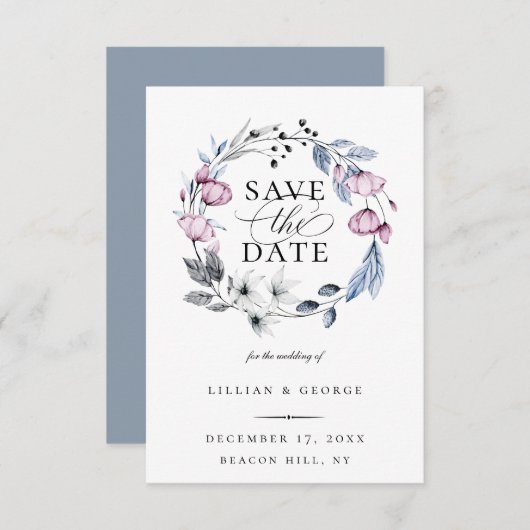 Dusty Blue Mauve Botanical Save the Date Aankondiging (Voorkant / Achterkant)