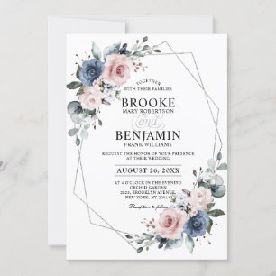 Dusty Blue Mauve Eucalyptus Geometric Wedding Invi Kaart