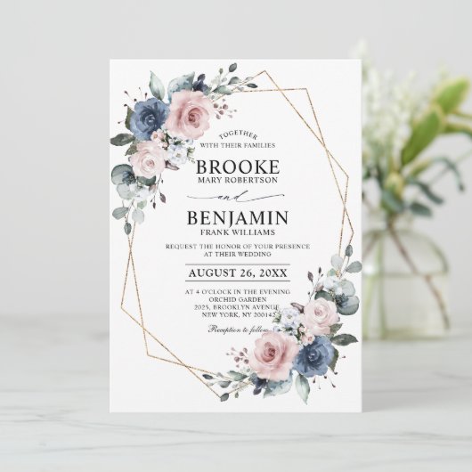 Dusty Blue Mauve Eucalyptus Geometric Wedding Invi Kaart (Staand voorkant)