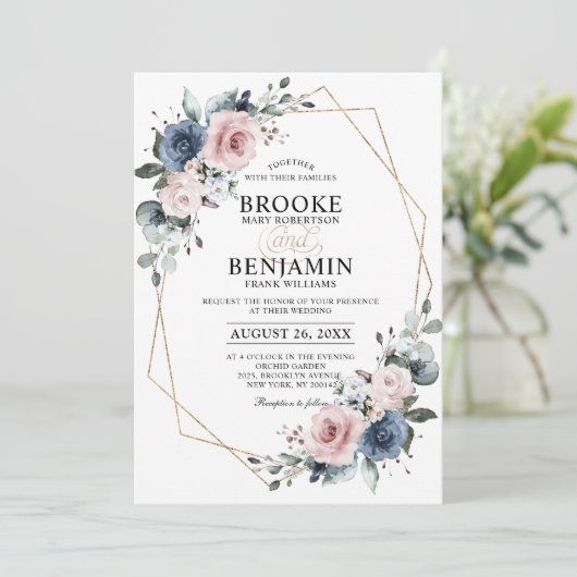 Dusty Blue Mauve Eucalyptus Geometric Wedding Kaart (Staand voorkant)