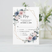 Dusty Blue Mauve Eucalyptus Geometric Wedding RSVP Kaartje (Staand voorkant)